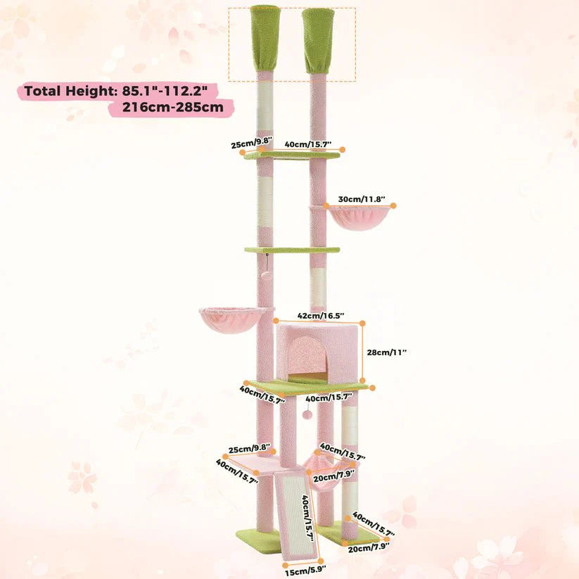 Cactus Cat Tree Tower Scratching Post Scratcher Adjustable Height 216-285cm - Pink-2