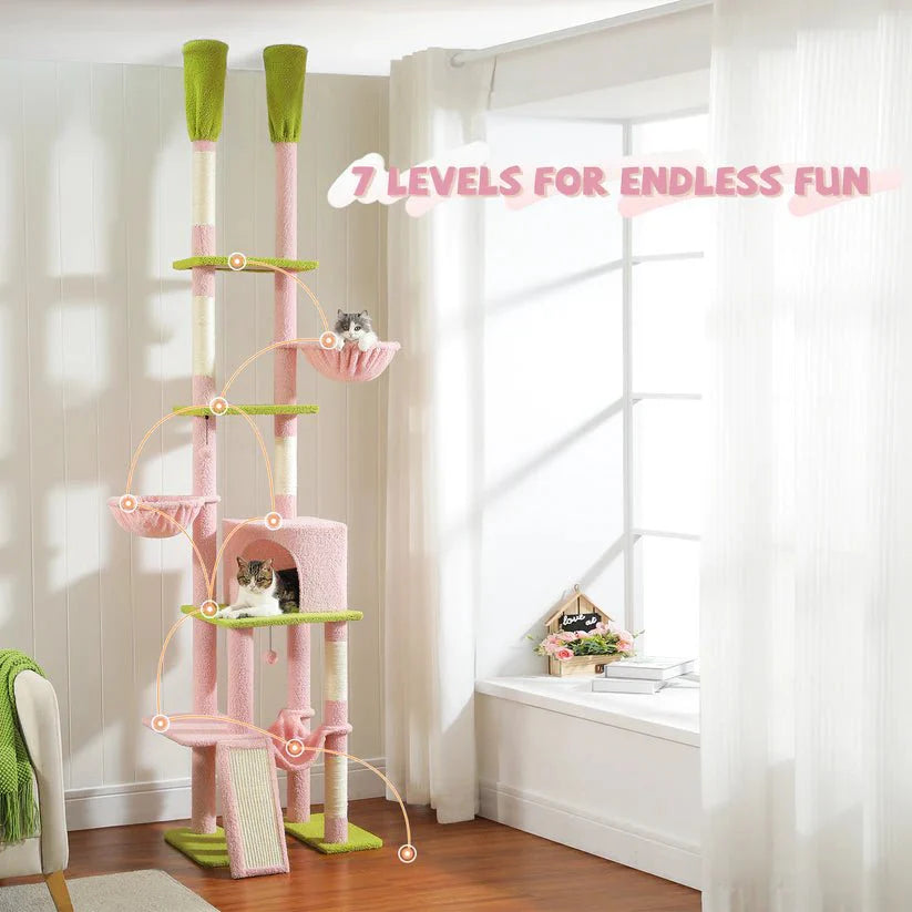 Cactus Cat Tree Tower Scratching Post Scratcher Adjustable Height 216-285cm - Pink-3
