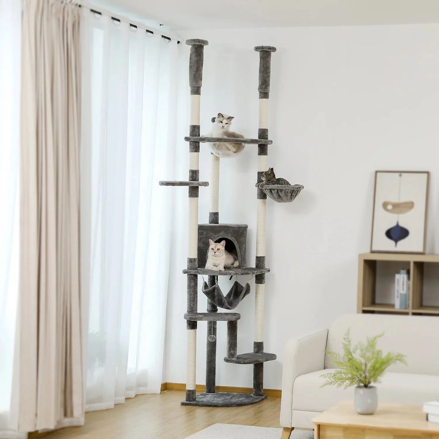 Floor to Ceiling Height Adjustable Cat Condo Bed - Grey-1
