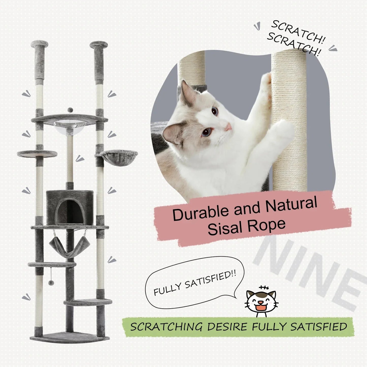 Floor to Ceiling Height Adjustable Cat Condo Bed - Grey-4
